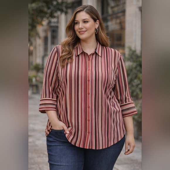 croft & barrow Tops - Striped Blouse Womens 1X Button Front Top Business Casual Chic Work